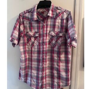 Raw Edge Mens Short Sleeve Plaid Button Down Western Shirt Red White Blue M